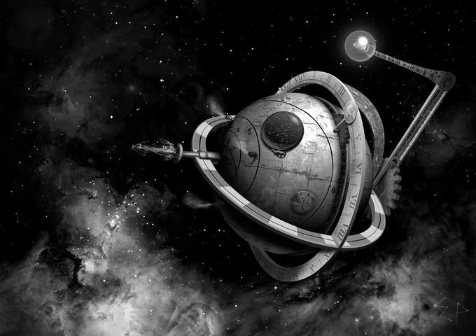 Steampunk Death Star reimagined as a clockwork mechanical sphere with gear-ringed astrolabe in space.