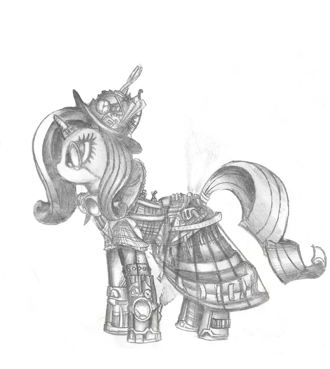 Pencil sketch of steampunk My Little Pony Rarity with top hat, goggles, and mechanical gear-covered dress.