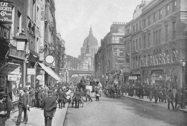Steampunk — Black-and-white photo of a Victorian-era London street with horse-drawn carriages and St. Paul's dome.