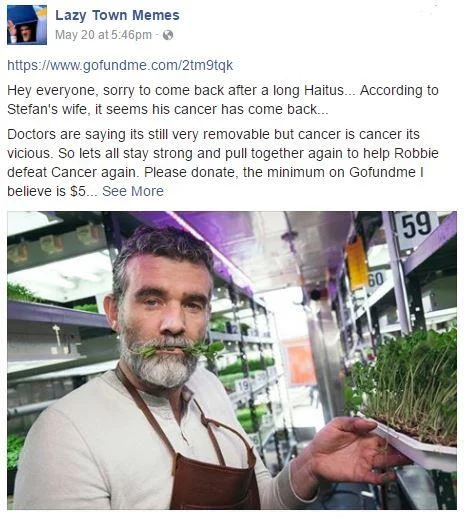 Stefan Karl Stefansson Robbie Rotten — Facebook screenshot announcing Stefán Karl's cancer relapse with GoFundMe link