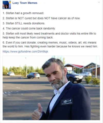 Stefan Karl Stefansson Robbie Rotten — Facebook update on Stefán Karl's cancer status with thumbs up photo