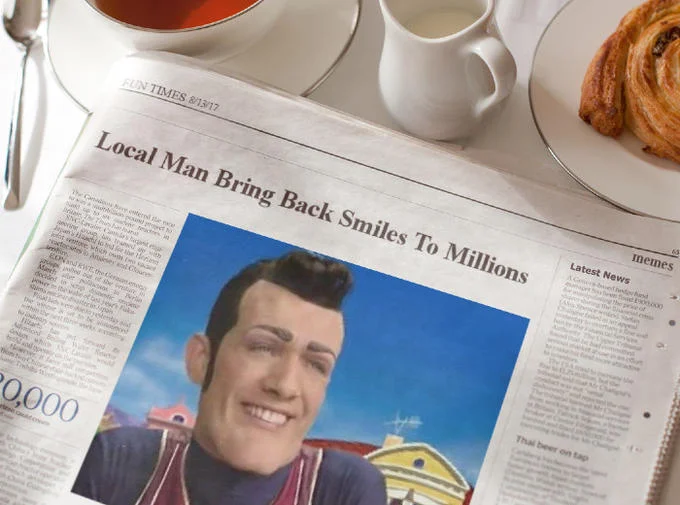 Stefan Karl Stefansson Robbie Rotten — Mock newspaper headline about Robbie Rotten bringing smiles to millions