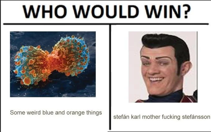 Stefan Karl Stefansson Robbie Rotten — Who Would Win meme pitting cancer cells against Robbie Rotten