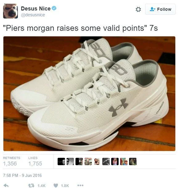 Stephen Curry — Desus Nice tweet mocking Curry sneakers with Piers Morgan joke