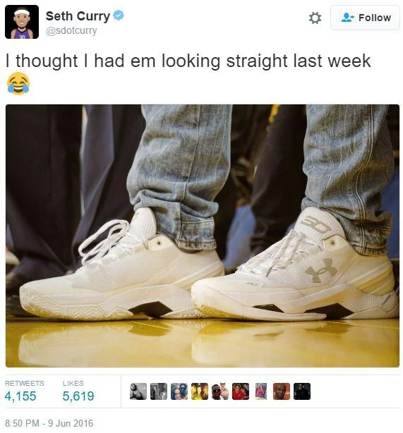 Stephen Curry — Seth Curry tweet joking about wearing his brother's white Curry sneakers