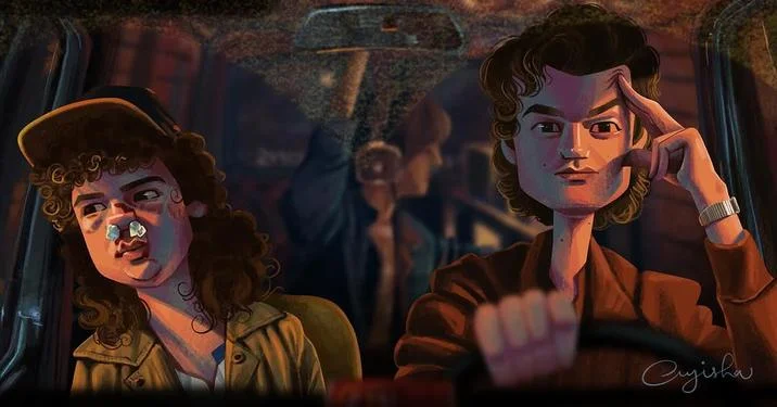 Steve Harrington Drawing — A drawing of Steve Harrington driving the van by artist Ayisha Zeba. The art is based on Stranger Things season 5.