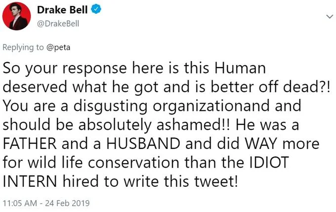 Drake Bell tweet defending Steve Irwin against PETA