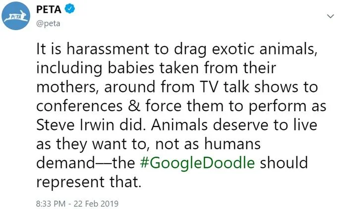 PETA tweet calling Steve Irwin's actions harassment of exotic animals