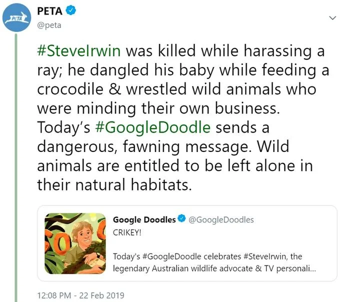 PETA tweet criticizing Steve Irwin and the Google Doodle