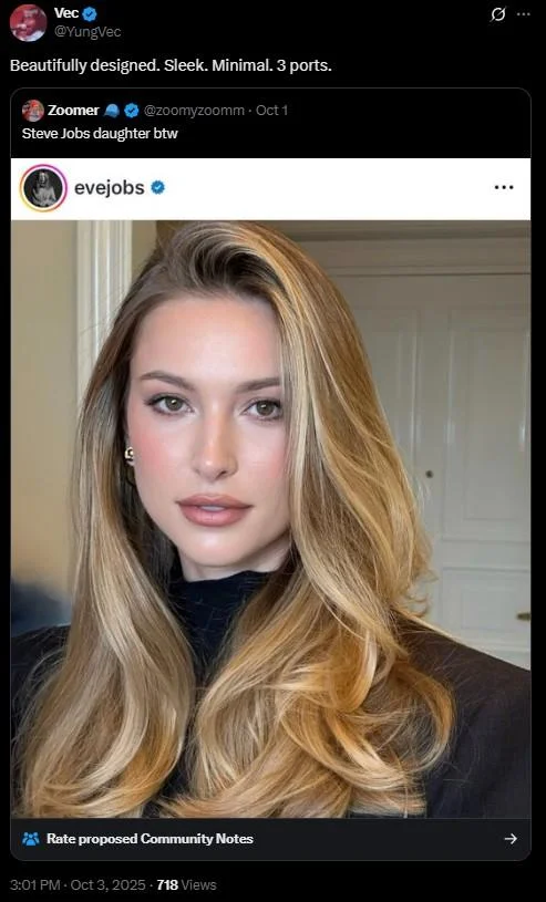 Steve Jobs Daughter Btw — Twitter/X screenshot of original post with multiple user replies demonstrating widespread viral engagement.
