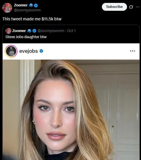 Steve Jobs Daughter Btw — Twitter/X screenshot showing discussion about financial impact of viral post with Eve Jobs photo.