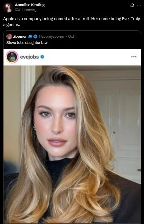 Steve Jobs Daughter Btw — Twitter/X screenshot showing original post with Eve Jobs photo and reply comments from users discussing viral content.