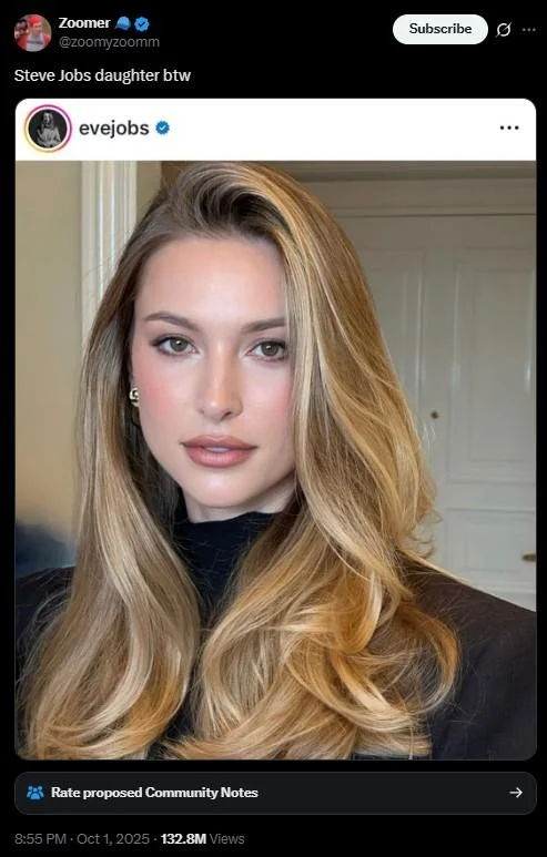 Twitter/X screenshot of original viral post featuring Eve Jobs photo with 'Steve Jobs daughter btw' caption.
