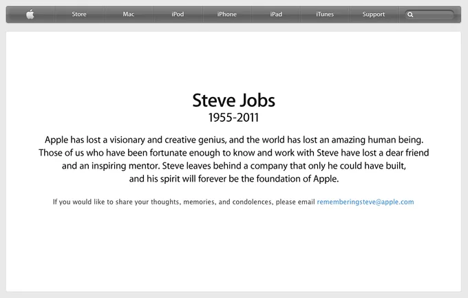Steve Jobs' Death — Screenshot of Apple.com memorial page for Steve Jobs