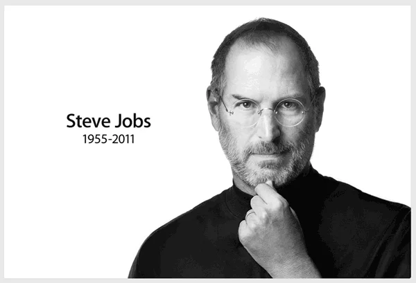 Steve Jobs' Death — Black and white Apple memorial portrait of Steve Jobs with dates 1955-2011