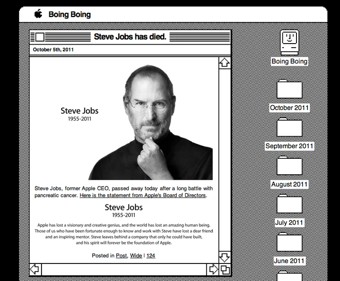Boing Boing article announcing Steve Jobs' death styled as a classic Mac window