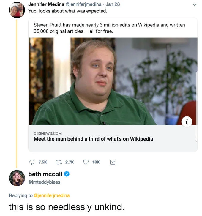 Twitter reply from beth mccoll calling Jennifer Medina's tweet about Steven Pruitt 'needlessly unkind.'