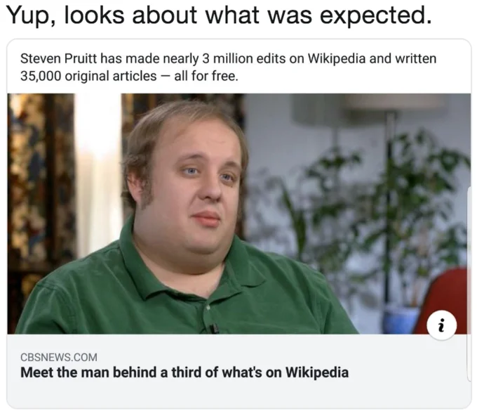 Tweet reading 'Yup, looks about what was expected' above the CBS News Steven Pruitt article card.