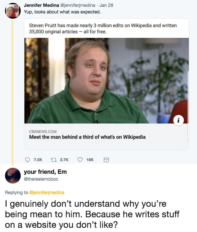 Twitter reply questioning why Jennifer Medina is being mean to Steven Pruitt for writing on Wikipedia.