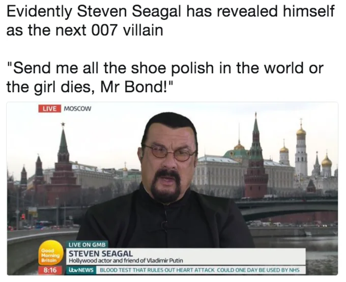 Steven Seagals Good Morning Britain Interview — GMB Moscow broadcast with caption joking about Seagal as 007 villain demanding shoe polish.