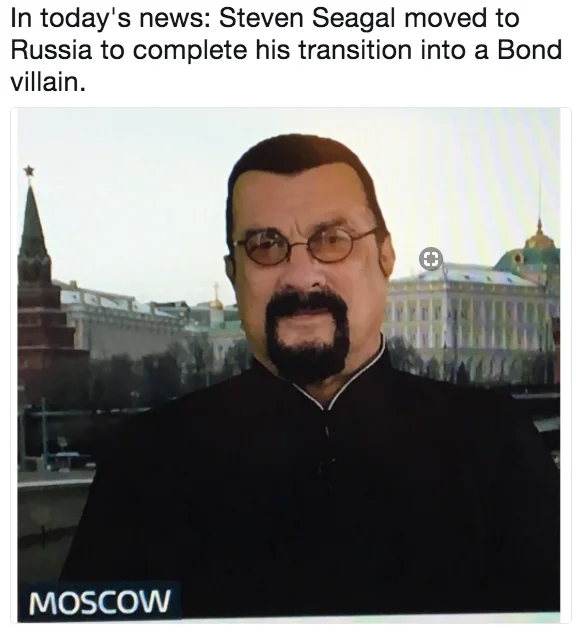 Steven Seagals Good Morning Britain Interview — Steven Seagal in front of Moscow cityscape with caption joking about his transition into a Bond villain.