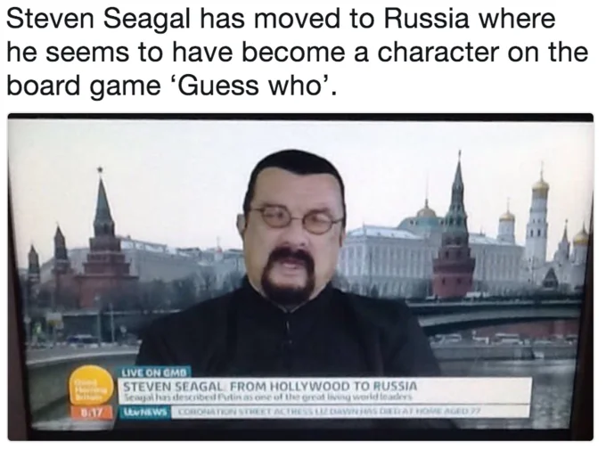 Steven Seagals Good Morning Britain Interview — GMB broadcast from Moscow with caption comparing Seagal to a Guess Who board game character.
