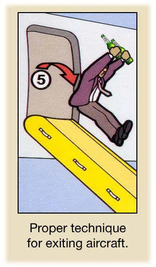 Steven Slater — Humorous cartoon illustration of suited figure deploying evacuation slide while holding beer bottle.