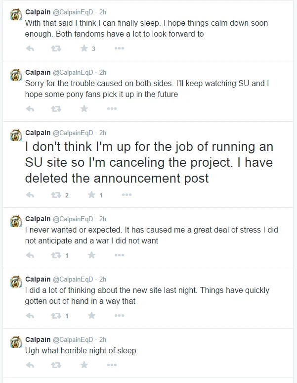 Tweets from Calpain announcing he is canceling his Steven Universe fan site project.