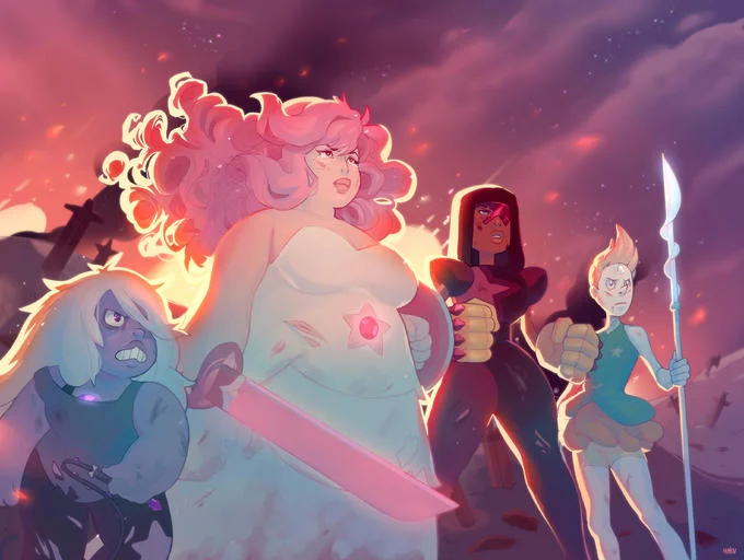 Steven Universe — Fan illustration of Rose Quartz, Pearl, Garnet and Amethyst standing on a battlefield.