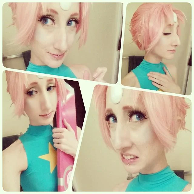 Collage of selfies of a cosplayer dressed as Pearl from Steven Universe.
