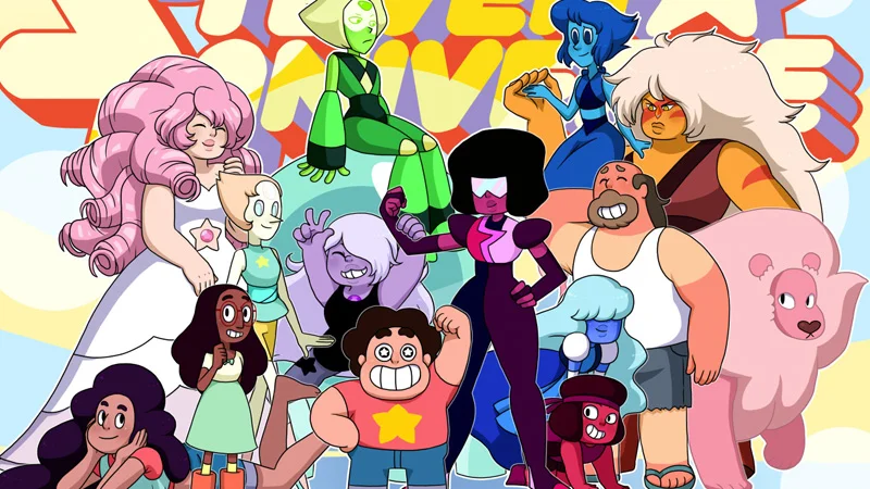 Group illustration of Steven Universe characters including Steven, Garnet, Amethyst, Pearl and Rose Quartz.