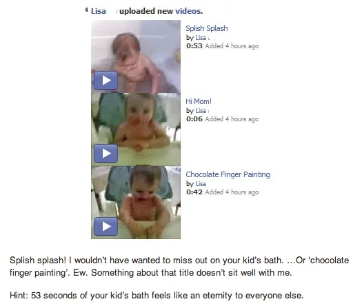 STFU — Screenshot of Facebook post with baby videos and a snarky comment about oversharing parents