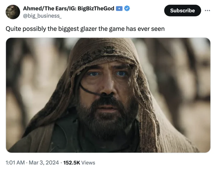Stilgar (Dune Character) — Tweet calling Stilgar the biggest 'glazer' ever, with the Stilgar awed-face reaction still.