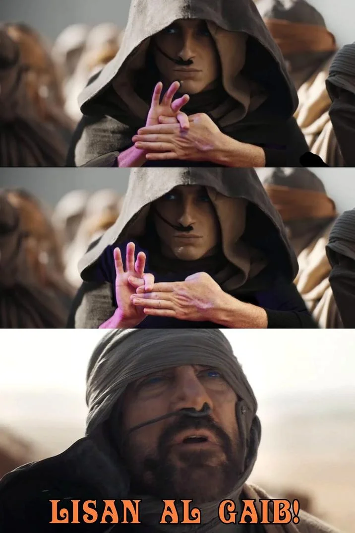 Stilgar (Dune Character) — Three-panel Dune meme recreating a Spider-Man pointing joke culminating in Stilgar shouting 'LISAN AL GAIB!'