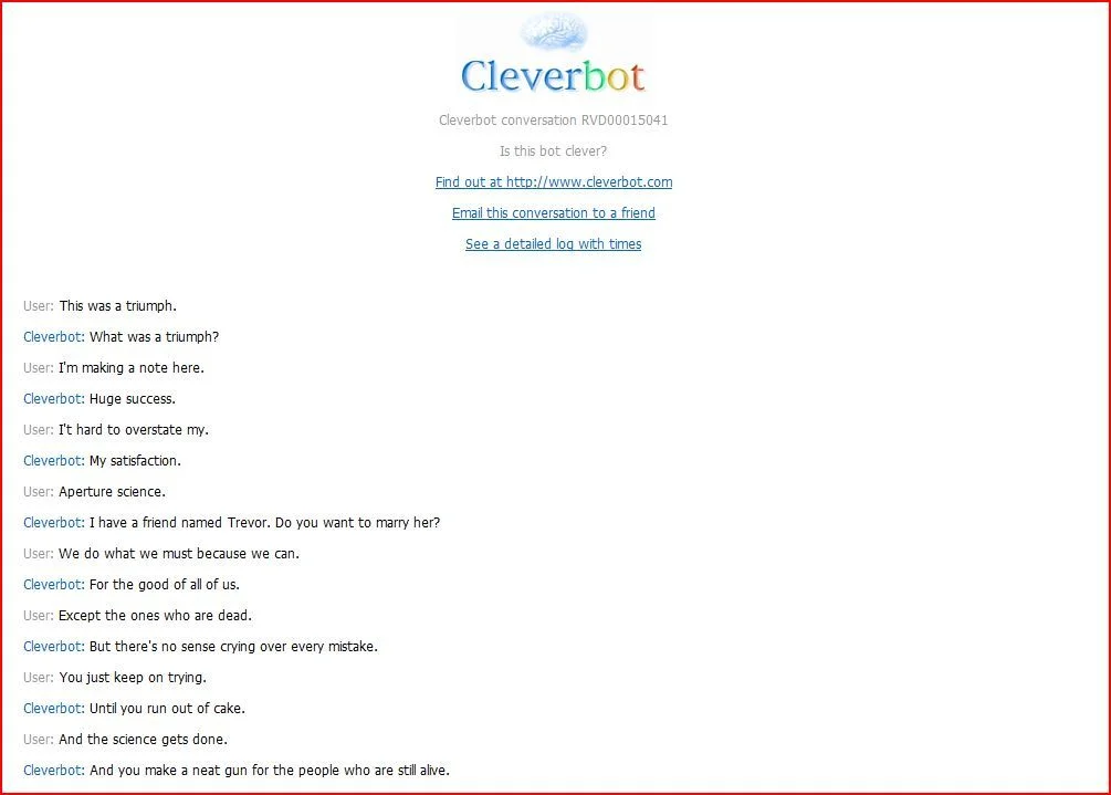 Still Alive (Portal End Theme) — Full Cleverbot page showing Still Alive lyric conversation