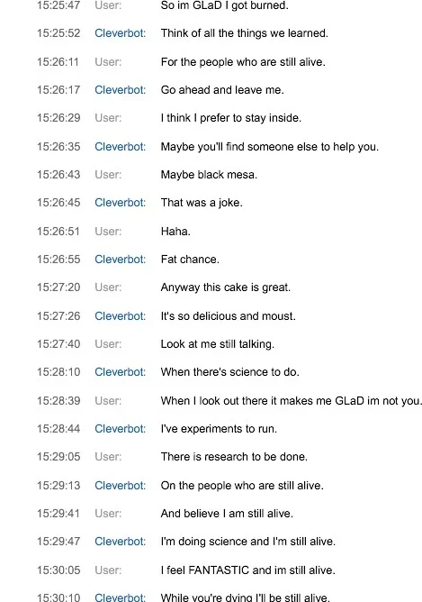 Still Alive (Portal End Theme) — Cleverbot chat transcript continuing Still Alive lyric exchange