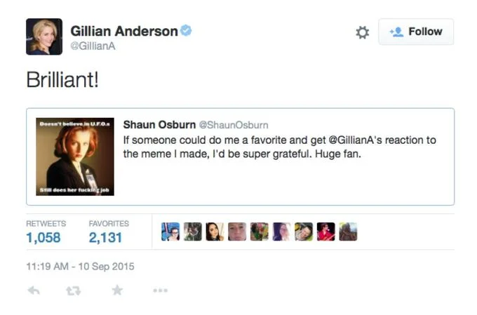 Still Does The Job — Gillian Anderson's Twitter reply 'Brilliant!' quote-tweeting the Scully meme