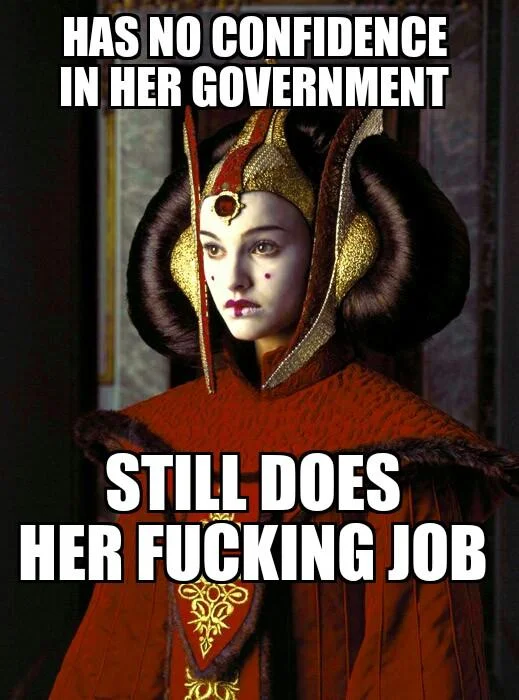 Still Does The Job — Padmé Amidala from Star Wars with text 'Has no confidence in her government / Still does her fucking job'