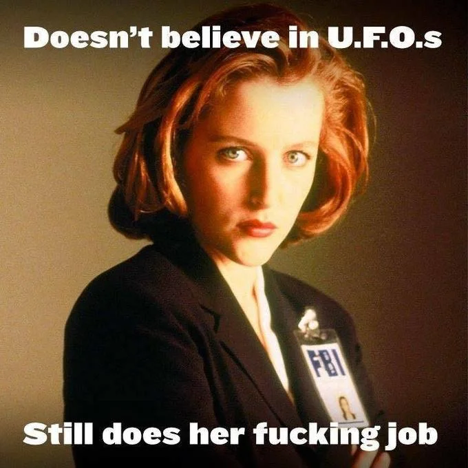 Still Does The Job — Dana Scully from The X-Files with text 'Doesn't believe in U.F.O.s / Still does her fucking job'