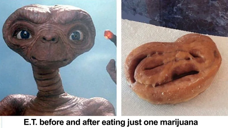 Still Think Its Harmless — E.T. the Extra-Terrestrial in original form and grotesquely transformed state with caption.
