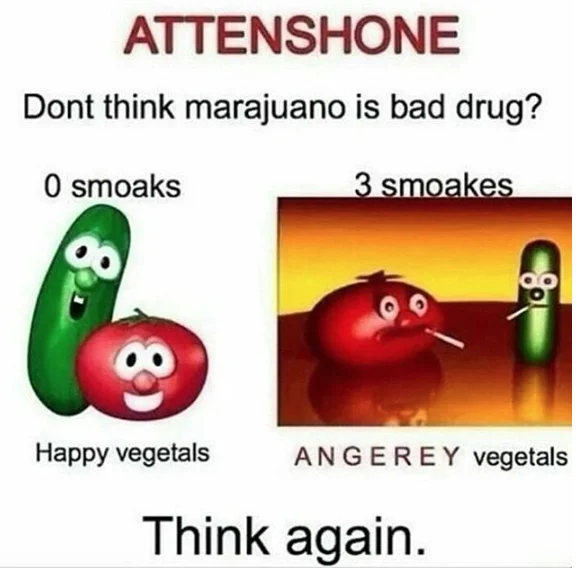 Still Think Its Harmless — Cartoon vegetables in joyful and angry emotional states at 0 and 3 consumption levels.