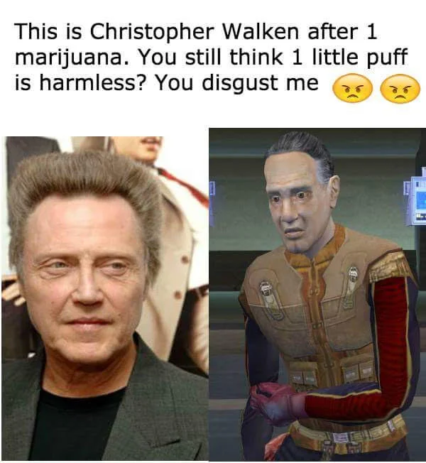 Still Think Its Harmless — Christopher Walken shown in normal appearance versus dramatically aged or transformed state.