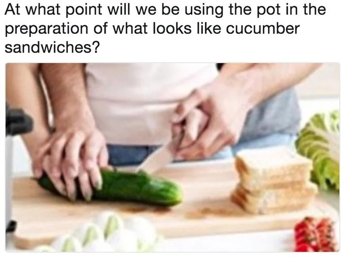 Stock Photo Cliches — Social media post questioning cucumber sandwich preparation with irrelevant stock photo.