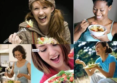 Stock Photo Cliches — Collage of five women laughing and smiling while eating salad or fruit in various settings.