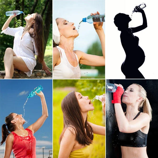 Stock Photo Cliches — Six-panel collage of women in athletic wear dramatically drinking or splashing water from bottles.