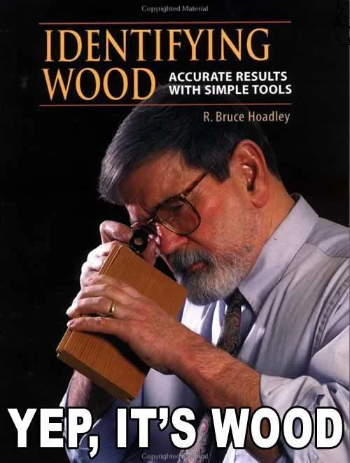 Stock Photography — Stock photo of man examining wood with text overlay 'YEP, IT'S WOOD' from book cover.
