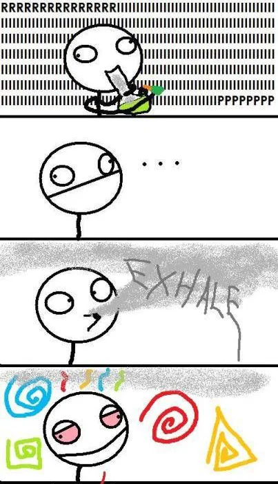 Stoner Comics — Four-panel stoner comic of a stick figure gaming, exhaling smoke, then hallucinating colorful swirls