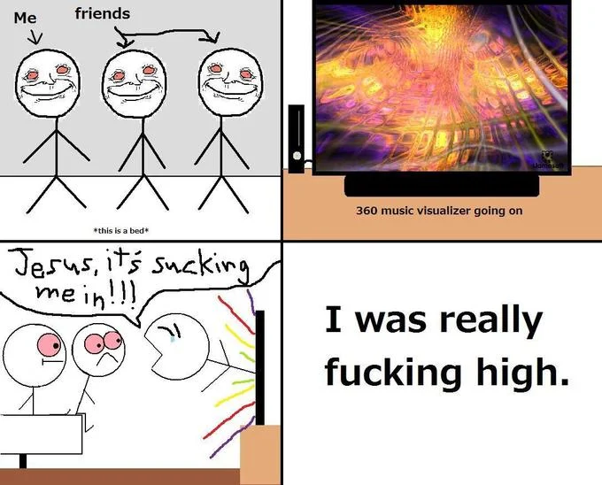 Stoner Comics — Stoner comic of friends on a bed watching a TV music visualizer, feeling sucked in, captioned 'I was really fucking high'