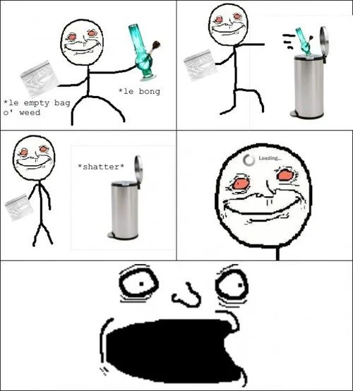 Stoner Comics — Comic of a stoner accidentally shattering his bong and reacting with a distorted rage face