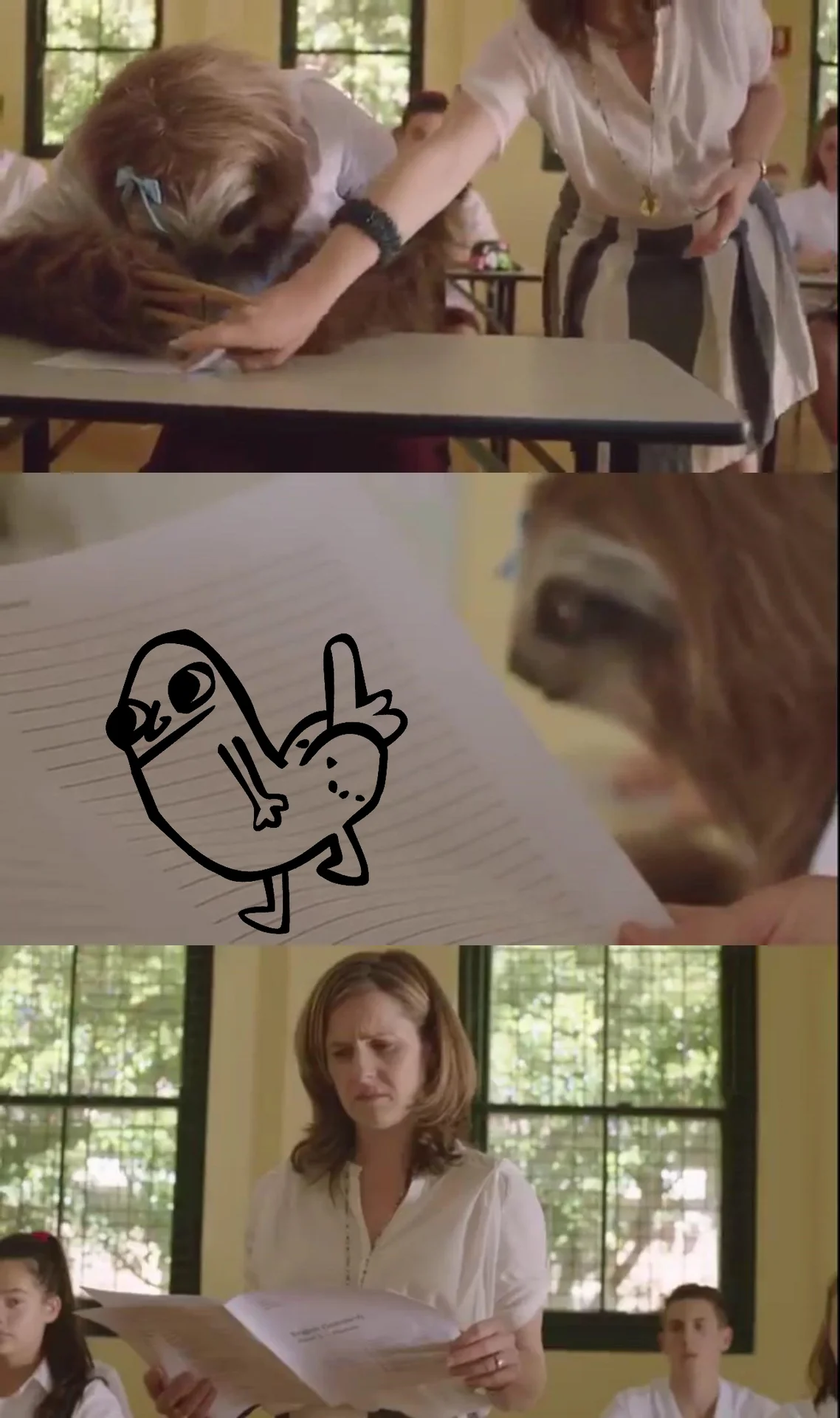 Stoner Sloth — Sloth in a white shirt with a blue bow sitting indoors with a glazed expression